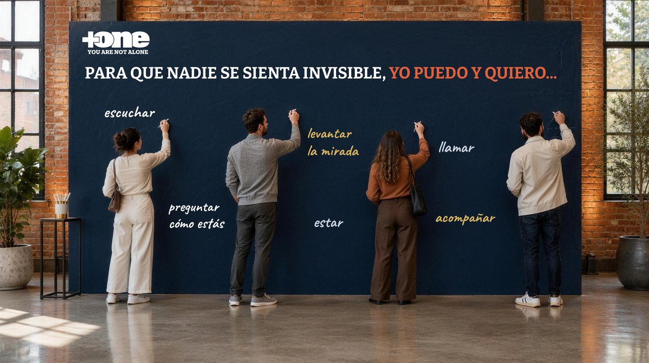 Cuatro personas escriben en una gran pizarra azul de +one bajo el lema «Para que nadie se sienta invisible, yo puedo y quiero…»: escuchar, levantar la mirada, llamar, preguntar cómo estás, estar, acompañar.